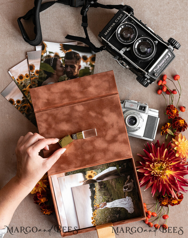 Terracotta Velvet Photo Box Photographer Box Wedding Memory Box, Burnt Orange Custom Keepsake Box, Rust Photographer Gifts for Clients-10