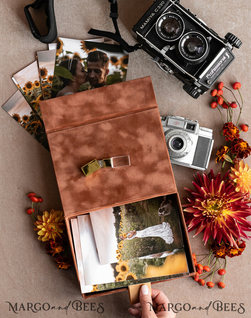 Terracotta Velvet Photo Box Photographer Box Wedding Memory Box, Burnt Orange Custom Keepsake Box, Rust Photographer Gifts for Clients-12