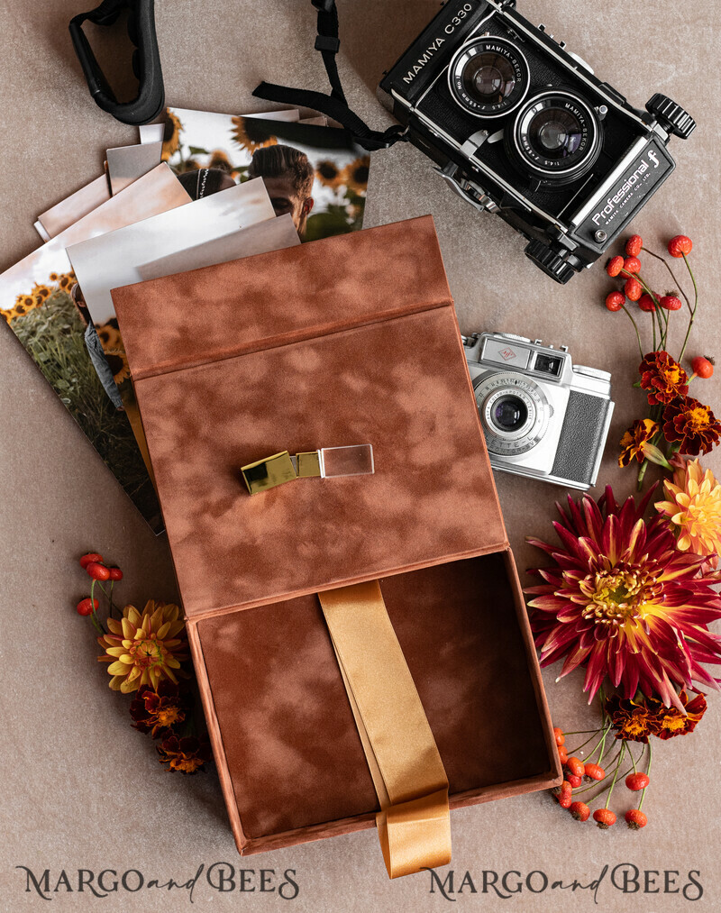 Terracotta Velvet Photo Box Photographer Box Wedding Memory Box, Burnt Orange Custom Keepsake Box, Rust Photographer Gifts for Clients-13