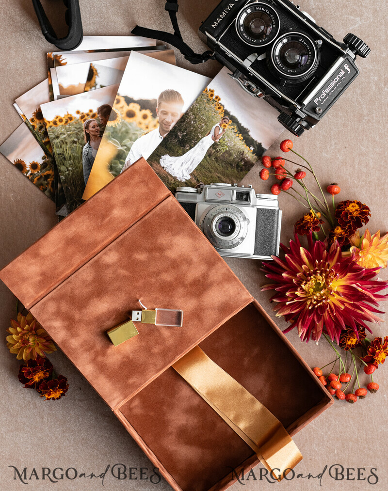 Terracotta Velvet Photo Box Photographer Box Wedding Memory Box, Burnt Orange Custom Keepsake Box, Rust Photographer Gifts for Clients-15