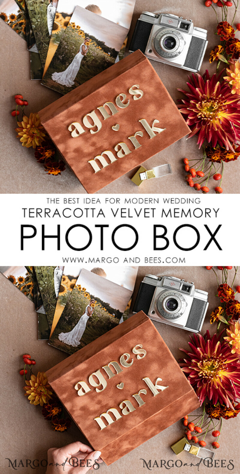 Terracotta Velvet Photo Box Photographer Box Wedding Memory Box, Burnt Orange Custom Keepsake Box, Rust Photographer Gifts for Clients-3