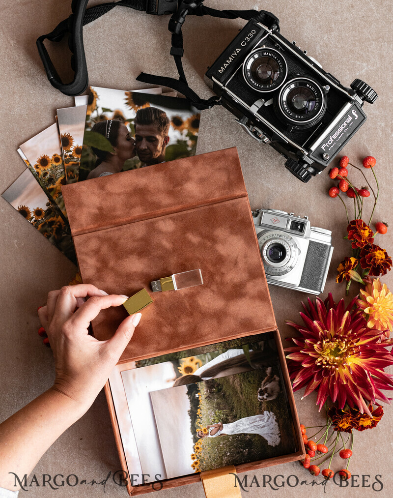 Terracotta Velvet Photo Box Photographer Box Wedding Memory Box, Burnt Orange Custom Keepsake Box, Rust Photographer Gifts for Clients-5