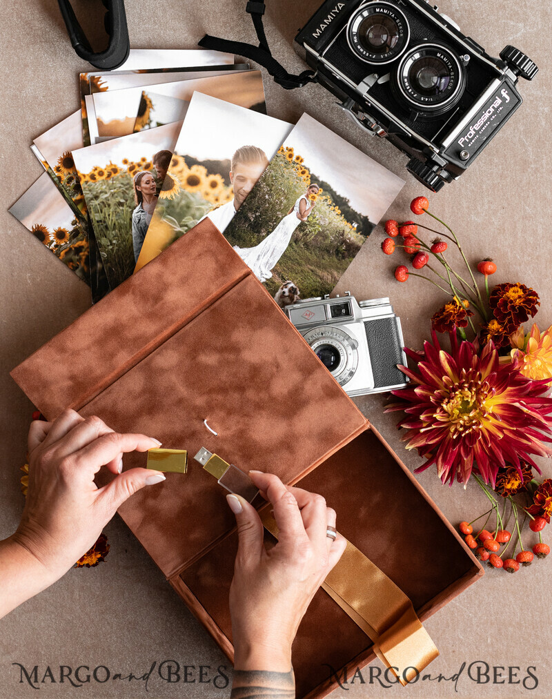 Terracotta Velvet Photo Box Photographer Box Wedding Memory Box, Burnt Orange Custom Keepsake Box, Rust Photographer Gifts for Clients-6