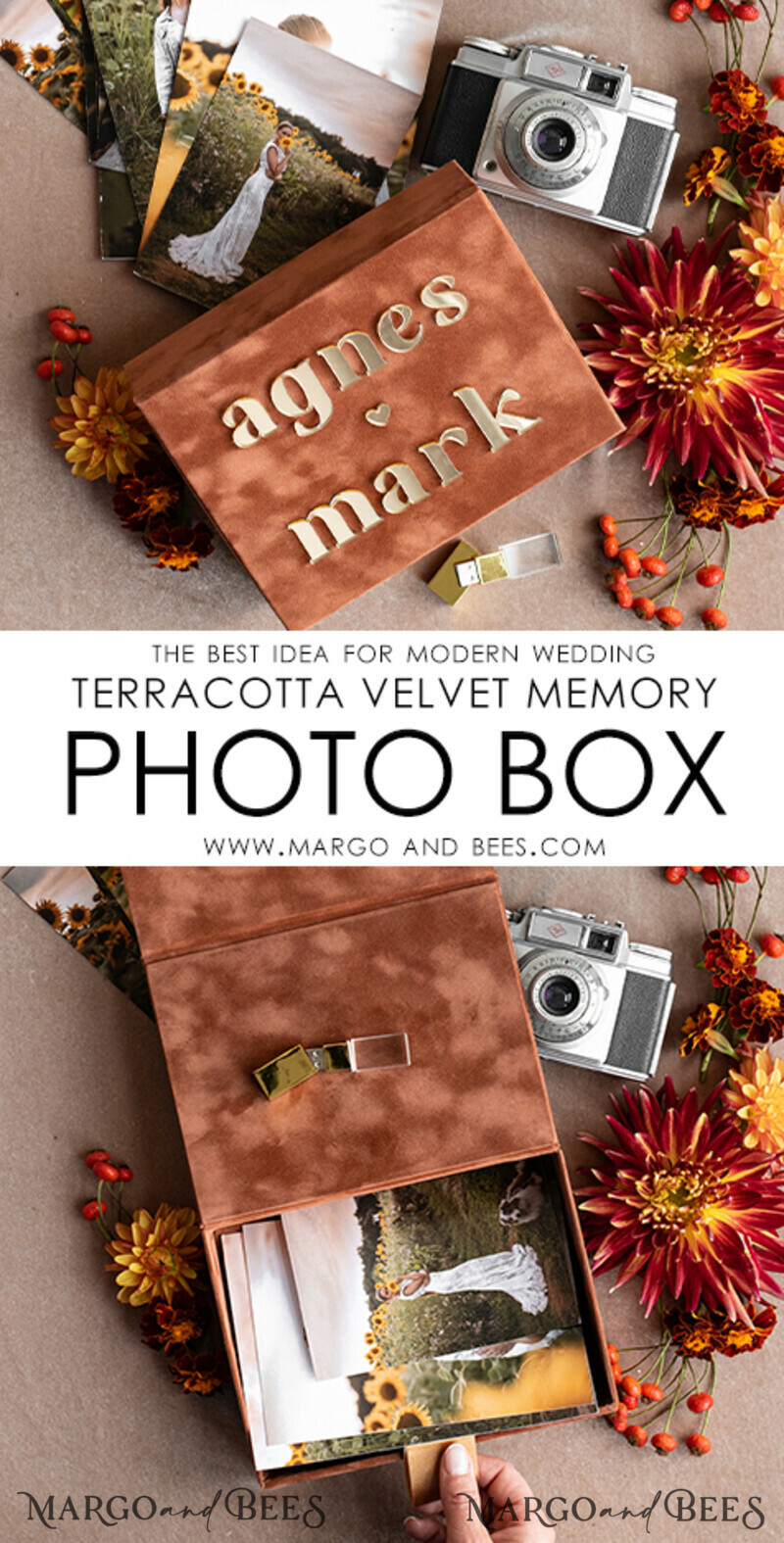 Terracotta Velvet Photo Box Photographer Box Wedding Memory Box, Burnt Orange Custom Keepsake Box, Rust Photographer Gifts for Clients-7