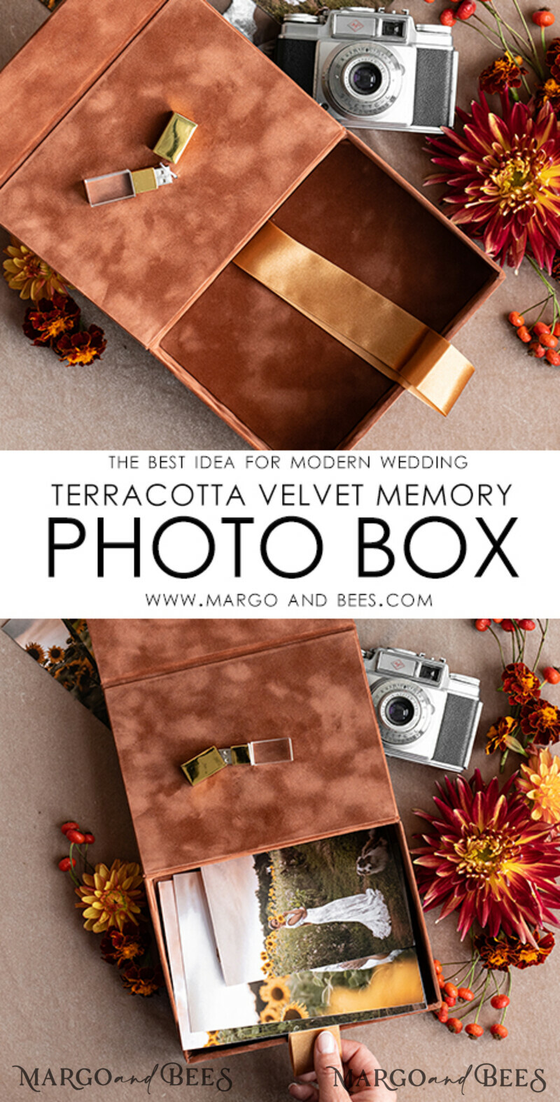 Terracotta Velvet Photo Box Photographer Box Wedding Memory Box, Burnt Orange Custom Keepsake Box, Rust Photographer Gifts for Clients-8