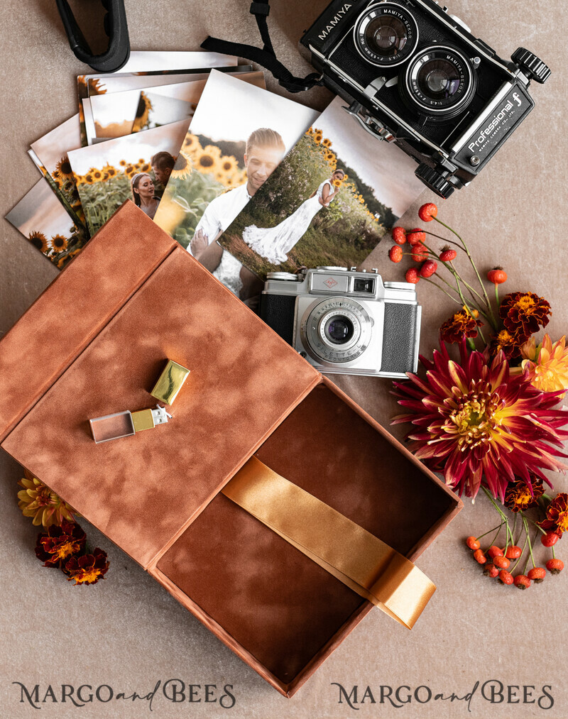 Terracotta Velvet Photo Box Photographer Box Wedding Memory Box, Burnt Orange Custom Keepsake Box, Rust Photographer Gifts for Clients-9