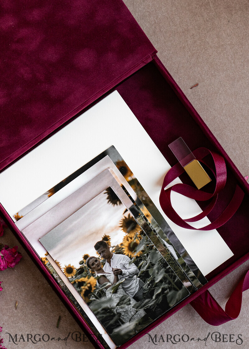 Memory Bundle Burgundy Velvet Photo Boxes set of 2 , Large Maroon Photographer Box, Regular Marsala Gold Wedding Memory Box-10