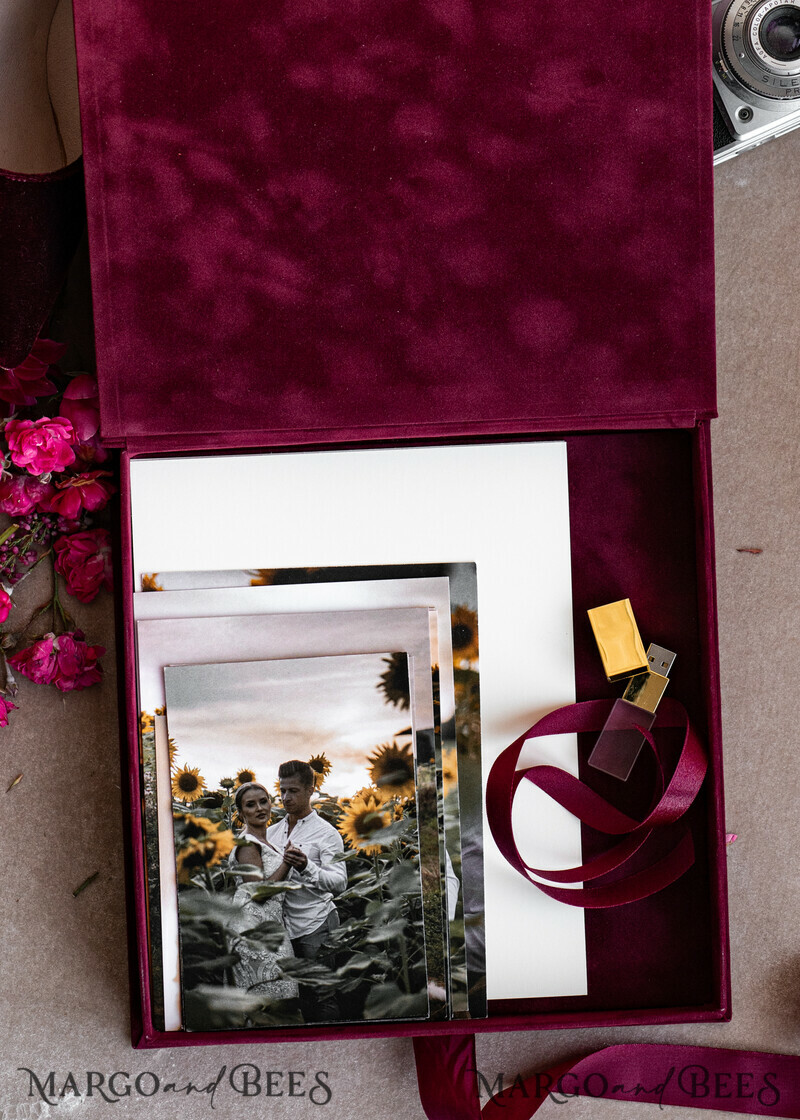 Memory Bundle Burgundy Velvet Photo Boxes set of 2 , Large Maroon Photographer Box, Regular Marsala Gold Wedding Memory Box-11