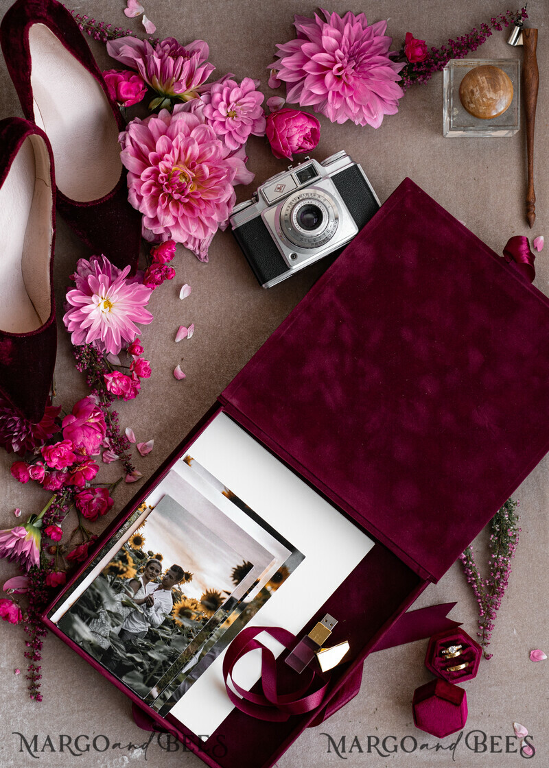 Memory Bundle Burgundy Velvet Photo Boxes set of 2 , Large Maroon Photographer Box, Regular Marsala Gold Wedding Memory Box-12