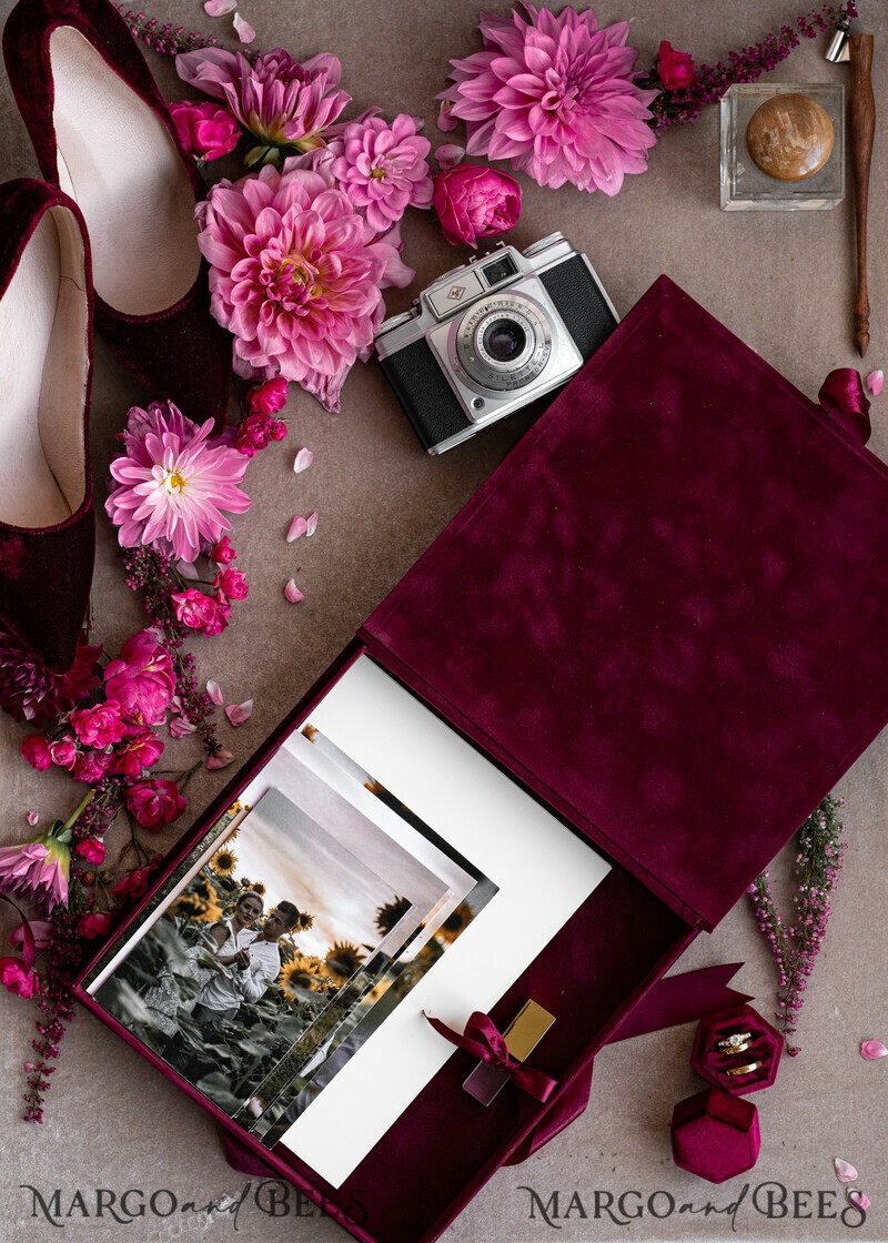 Memory Bundle Burgundy Velvet Photo Boxes set of 2 , Large Maroon Photographer Box, Regular Marsala Gold Wedding Memory Box-13