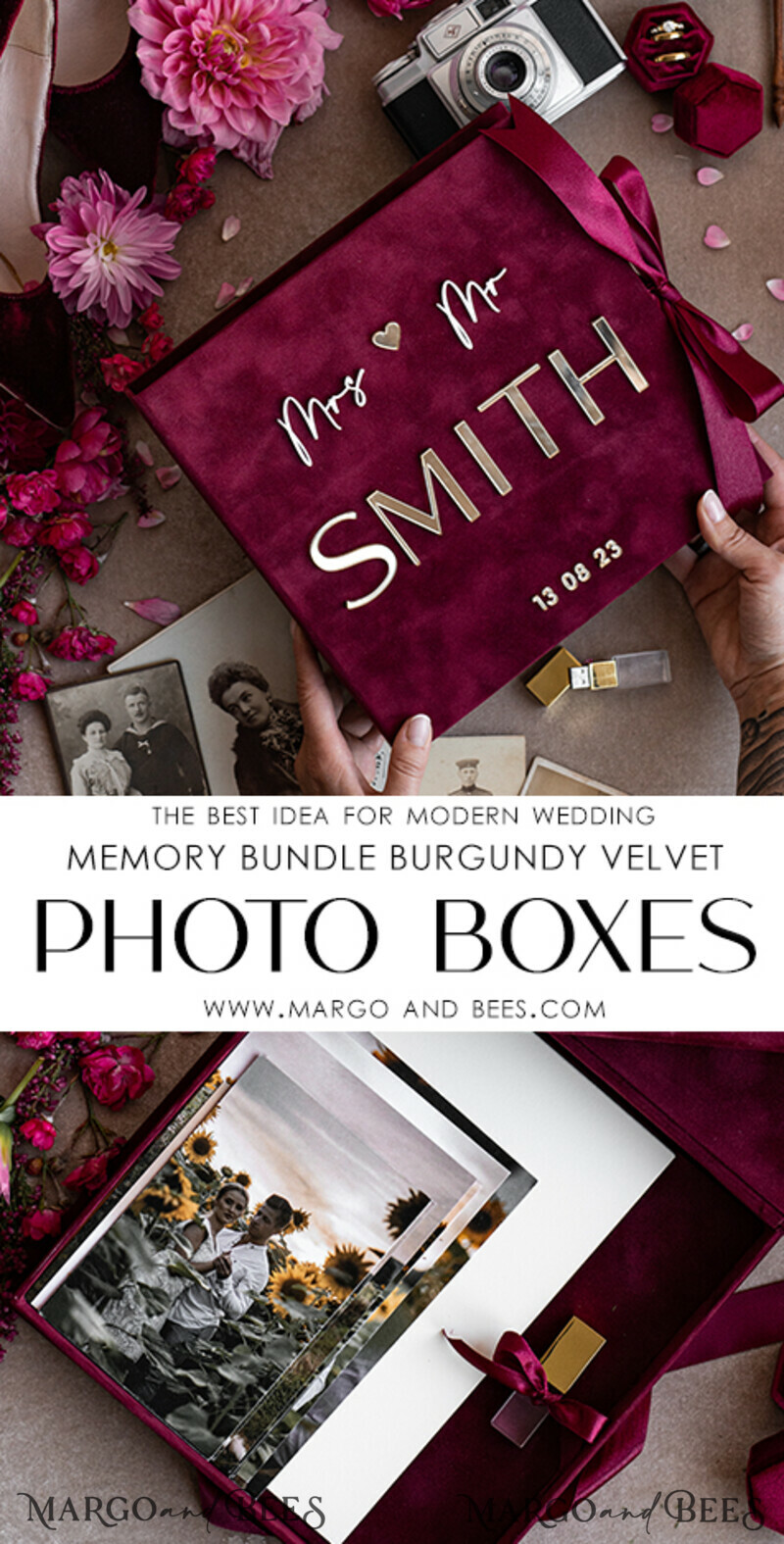 Memory Bundle Burgundy Velvet Photo Boxes set of 2 , Large Maroon Photographer Box, Regular Marsala Gold Wedding Memory Box-3