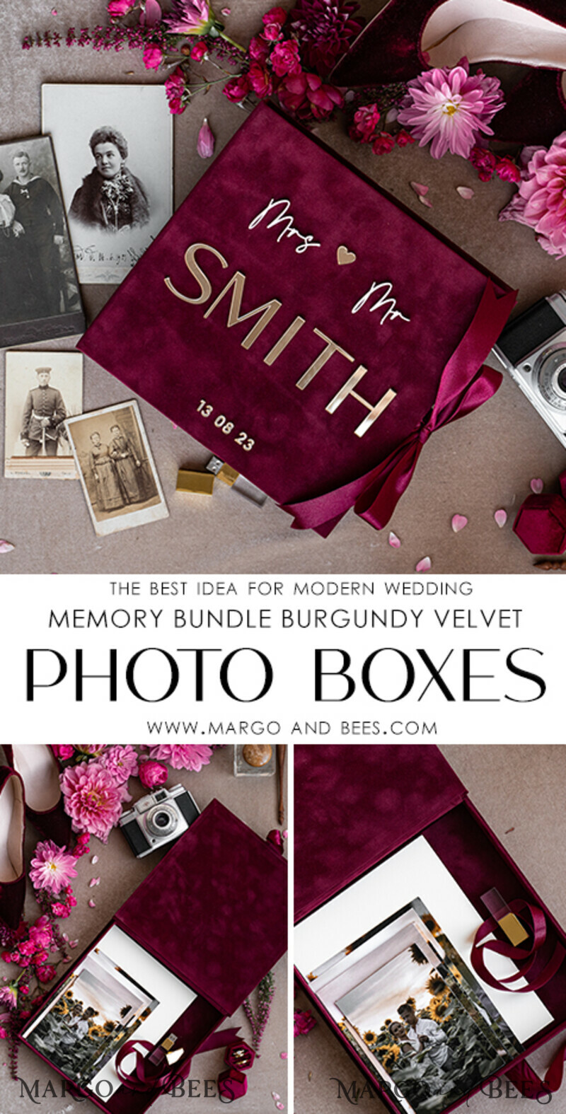 Memory Bundle Burgundy Velvet Photo Boxes set of 2 , Large Maroon Photographer Box, Regular Marsala Gold Wedding Memory Box-7