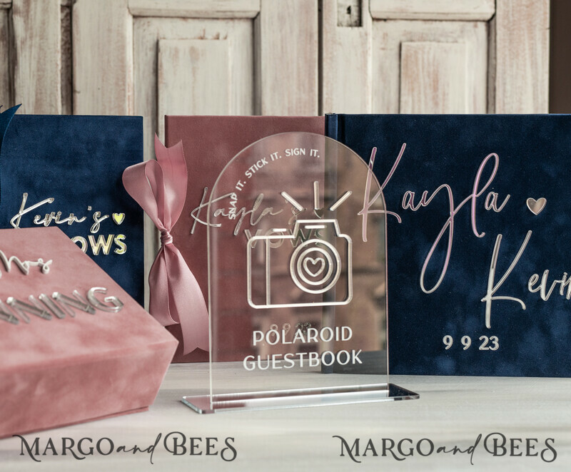 Navy Blue and Blush Pink Velvet Bundle Wedding Keepsake Set- Guestbook & sign, His Hers Wedding Vows, Photobox for pictures-2