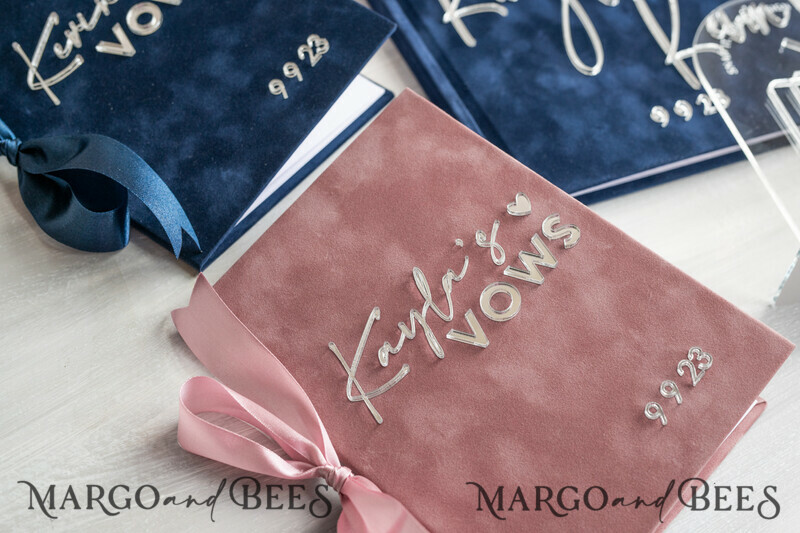 Navy Blue and Blush Pink Velvet Bundle Wedding Keepsake Set- Guestbook & sign, His Hers Wedding Vows, Photobox for pictures-15