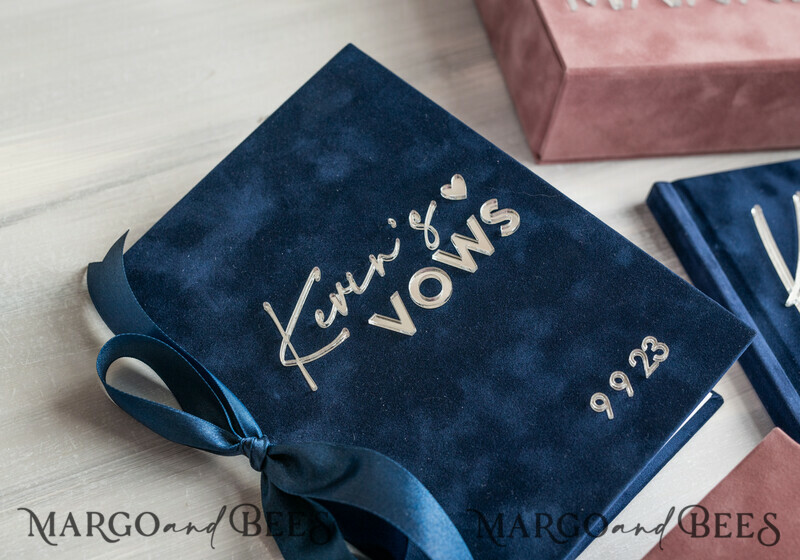 Navy Blue and Blush Pink Velvet Bundle Wedding Keepsake Set- Guestbook & sign, His Hers Wedding Vows, Photobox for pictures-16