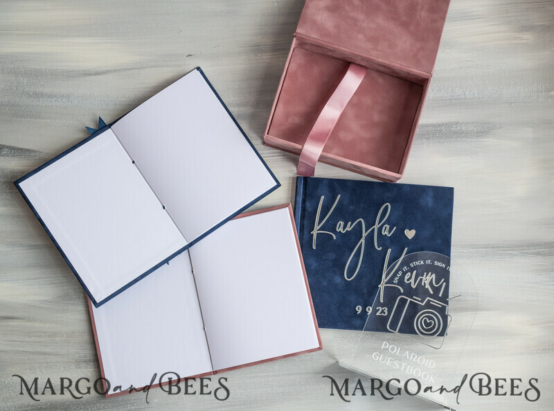 Navy Blue and Blush Pink Velvet Bundle Wedding Keepsake Set- Guestbook & sign, His Hers Wedding Vows, Photobox for pictures-18