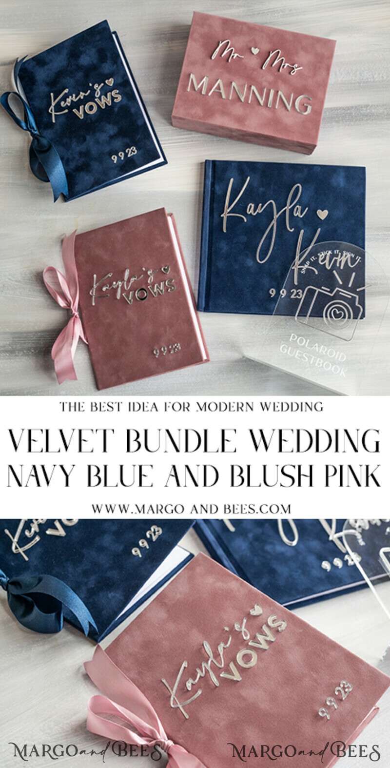 Navy Blue and Blush Pink Velvet Bundle Wedding Keepsake Set- Guestbook & sign, His Hers Wedding Vows, Photobox for pictures-7