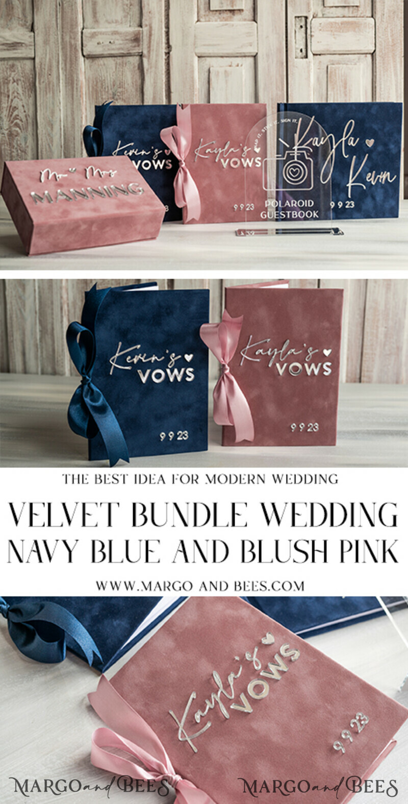 Navy Blue and Blush Pink Velvet Bundle Wedding Keepsake Set- Guestbook & sign, His Hers Wedding Vows, Photobox for pictures-12
