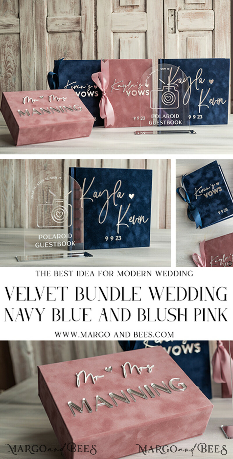 Navy Blue and Blush Pink Velvet Bundle Wedding Keepsake Set- Guestbook & sign, His Hers Wedding Vows, Photobox for pictures-3