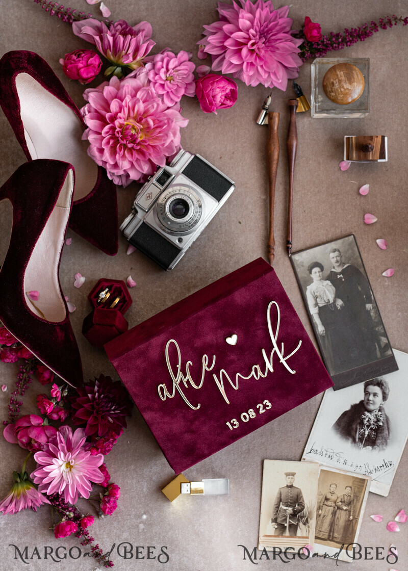 Maroon Velvet Bundle Wedding Keepsake Set- Burgundy Velvet Guestbook & sign, Fall Masrala Golden Photobox for pictures-16