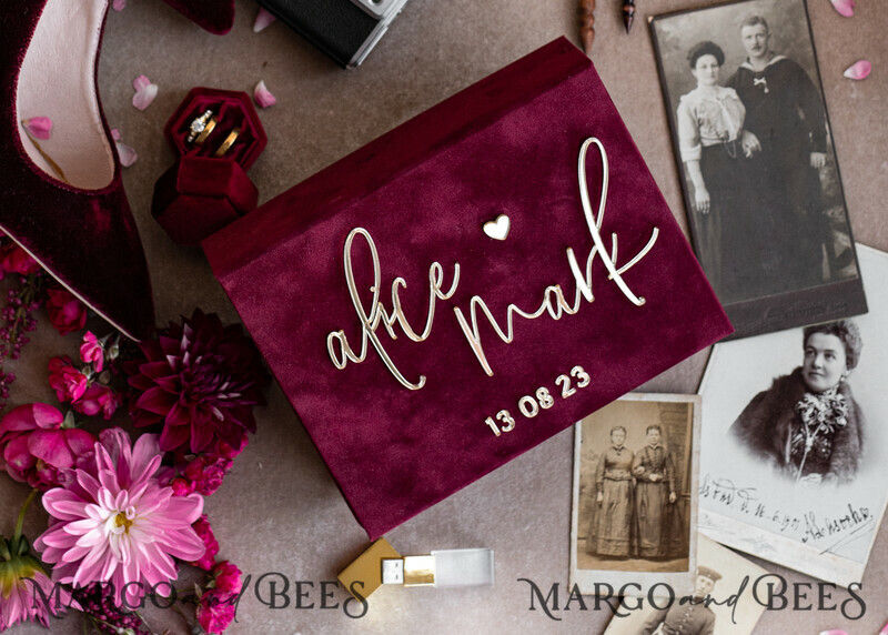 Maroon Velvet Bundle Wedding Keepsake Set- Burgundy Velvet Guestbook & sign, Fall Masrala Golden Photobox for pictures-17