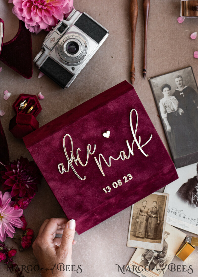 Maroon Velvet Bundle Wedding Keepsake Set- Burgundy Velvet Guestbook & sign, Fall Masrala Golden Photobox for pictures-18