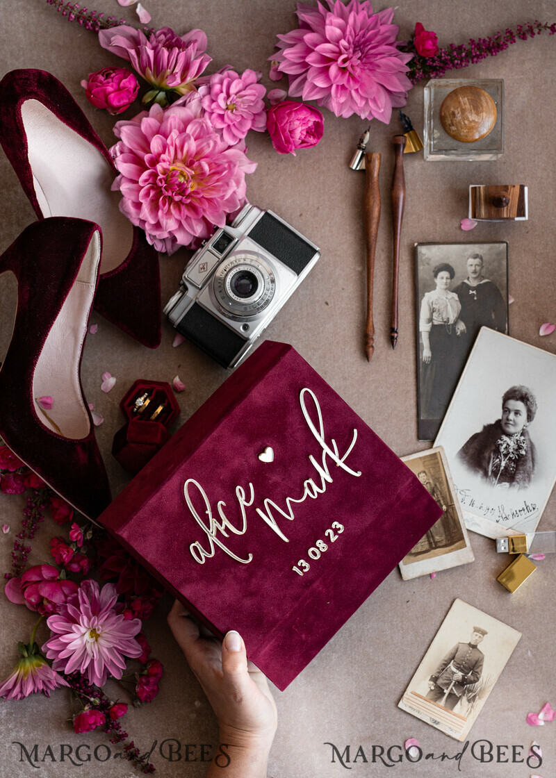 Maroon Velvet Bundle Wedding Keepsake Set- Burgundy Velvet Guestbook & sign, Fall Masrala Golden Photobox for pictures-19