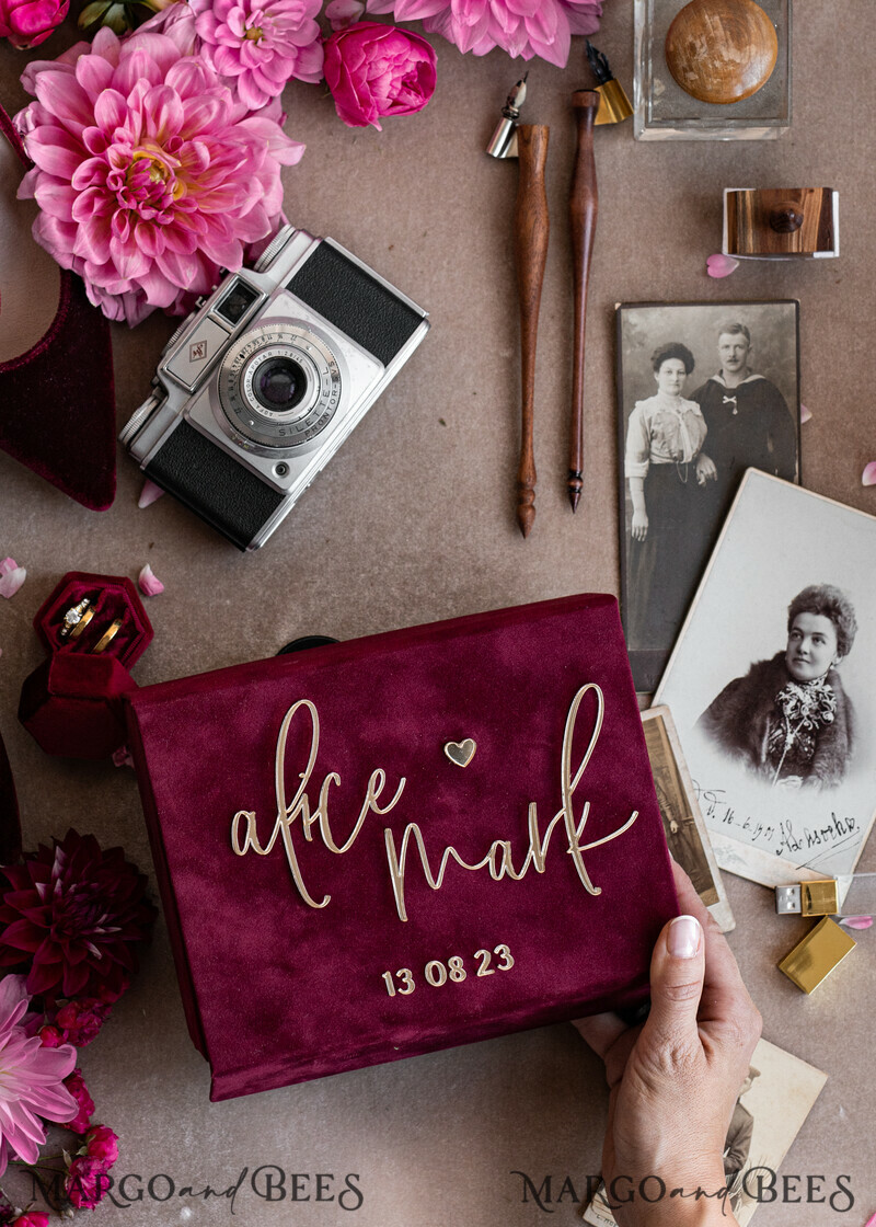 Maroon Velvet Bundle Wedding Keepsake Set- Burgundy Velvet Guestbook & sign, Fall Masrala Golden Photobox for pictures-20