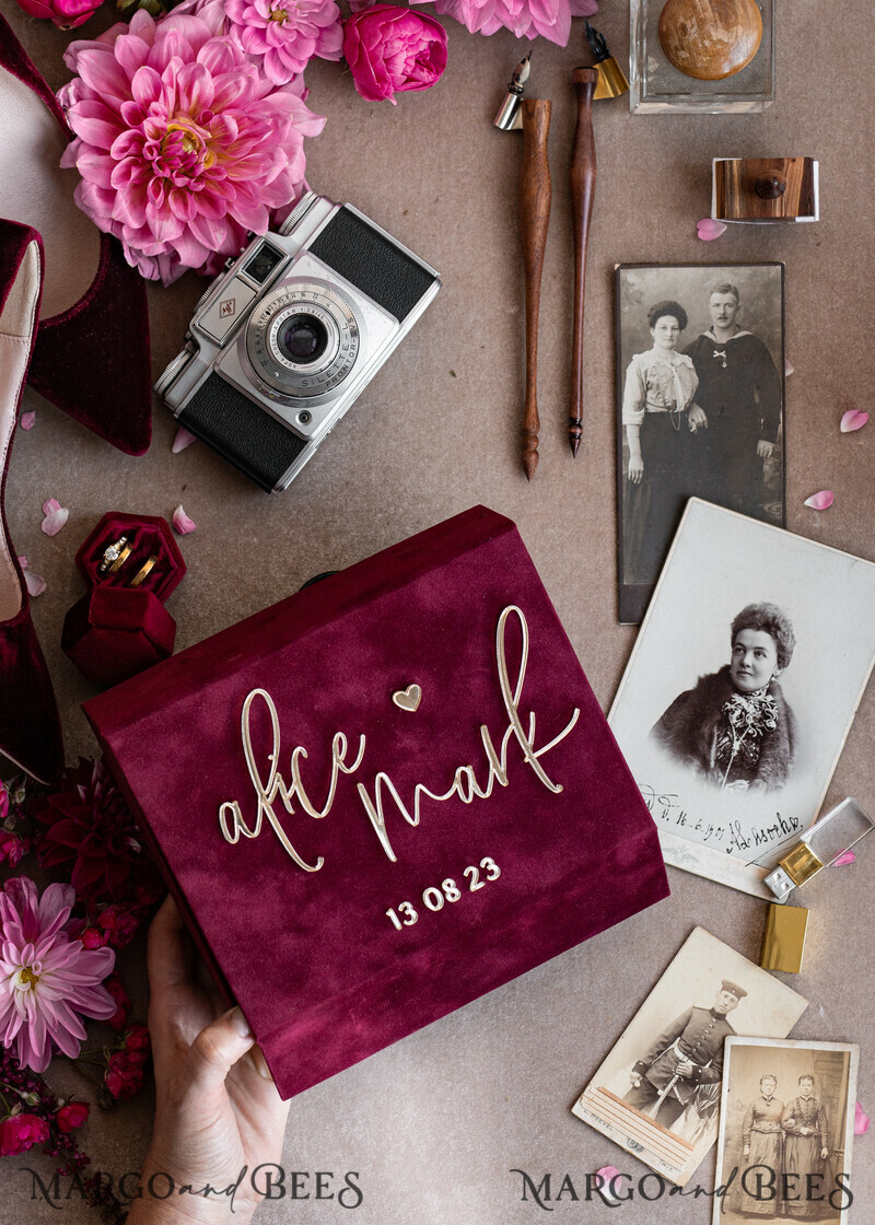 Maroon Velvet Bundle Wedding Keepsake Set- Burgundy Velvet Guestbook & sign, Fall Masrala Golden Photobox for pictures-21