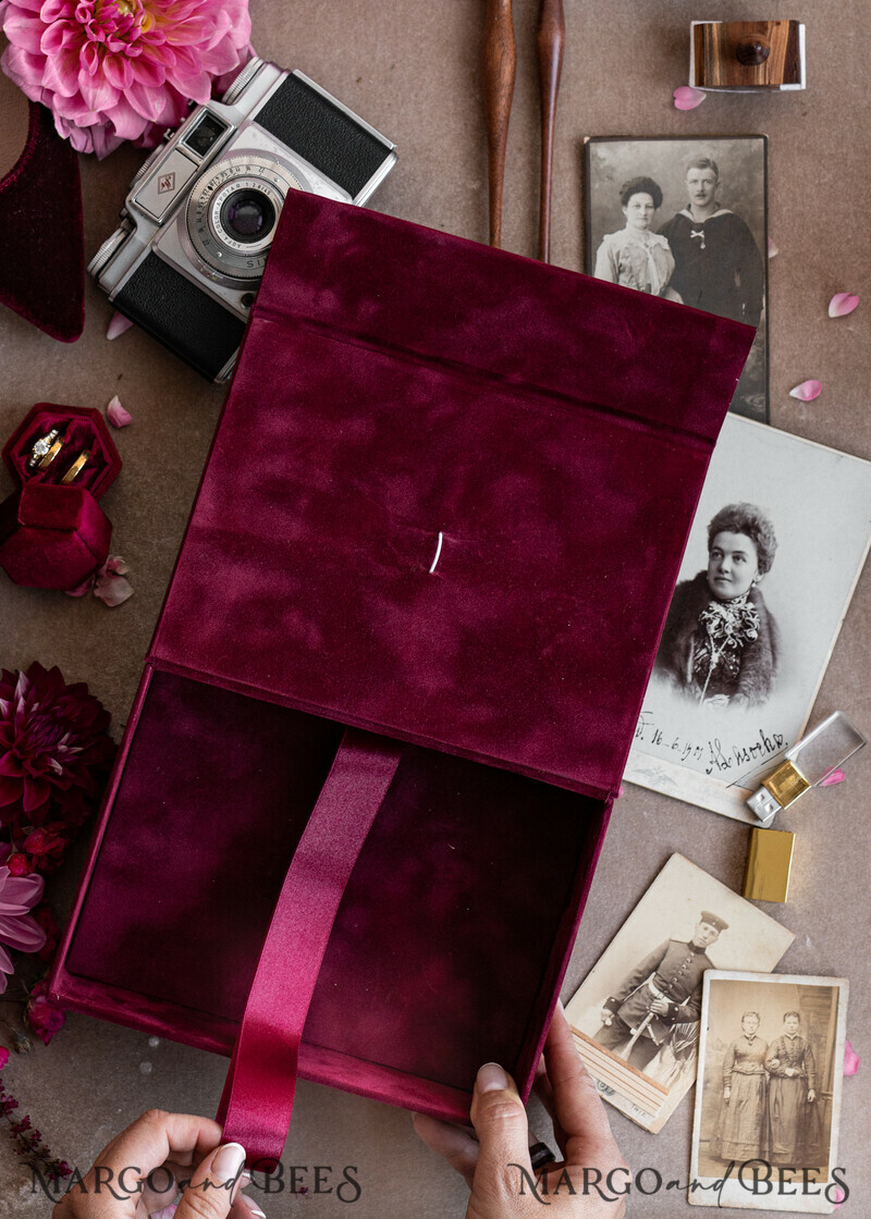 Maroon Velvet Bundle Wedding Keepsake Set- Burgundy Velvet Guestbook & sign, Fall Masrala Golden Photobox for pictures-5