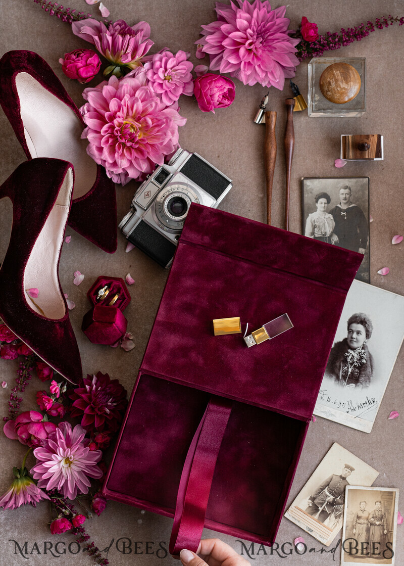 Maroon Velvet Bundle Wedding Keepsake Set- Burgundy Velvet Guestbook & sign, Fall Masrala Golden Photobox for pictures-6