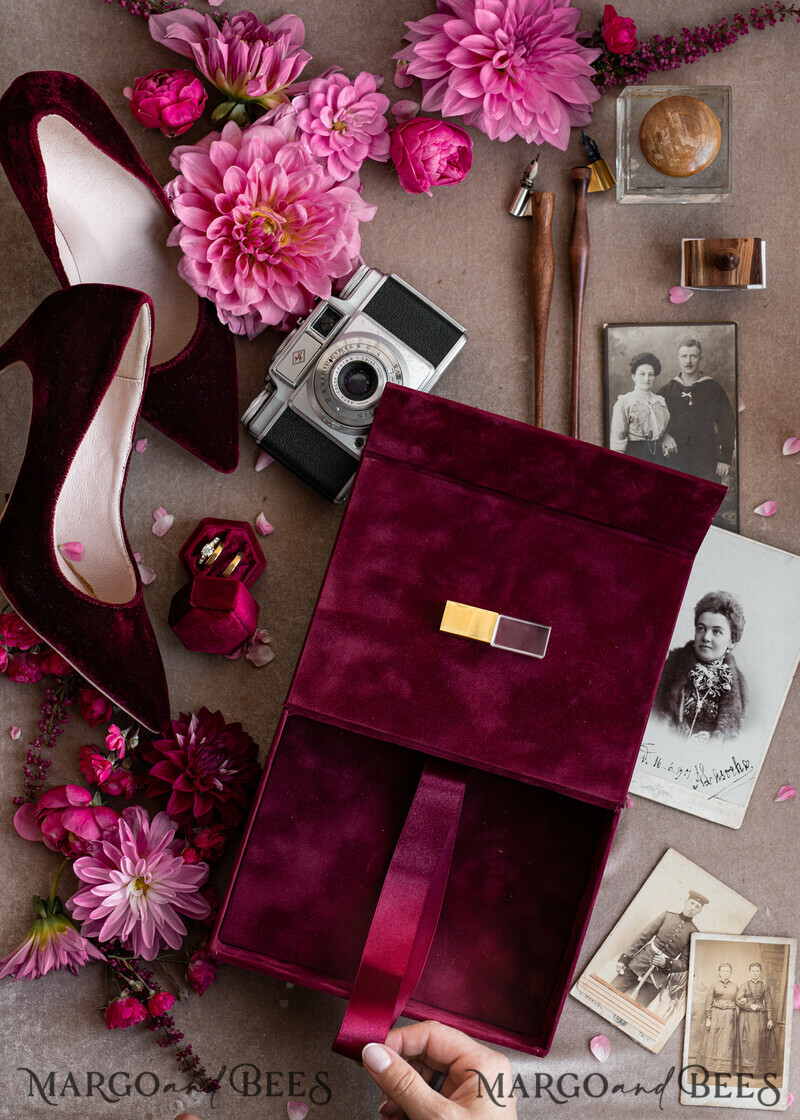 Maroon Velvet Bundle Wedding Keepsake Set- Burgundy Velvet Guestbook & sign, Fall Masrala Golden Photobox for pictures-9