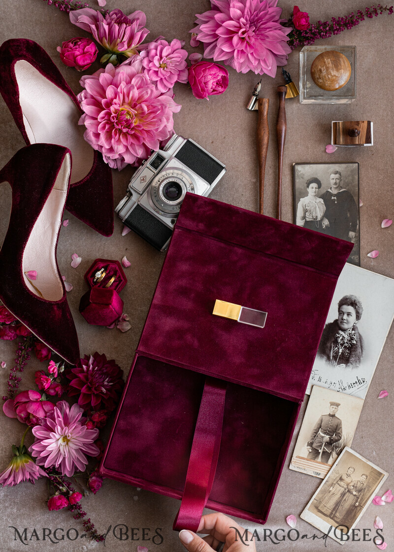 Maroon Velvet Bundle Wedding Keepsake Set- Burgundy Velvet Guestbook & sign, Fall Masrala Golden Photobox for pictures-10