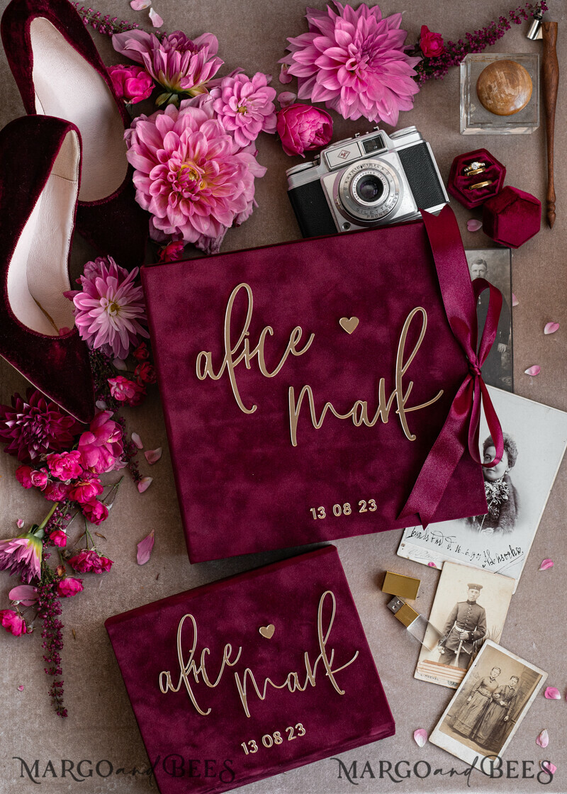 Maroon Velvet Bundle Wedding Keepsake Set- Burgundy Velvet Guestbook & sign, Fall Masrala Golden Photobox for pictures-0