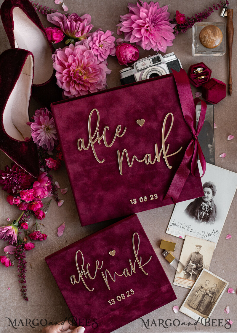 Maroon Velvet Bundle Wedding Keepsake Set- Burgundy Velvet Guestbook & sign, Fall Masrala Golden Photobox for pictures-2