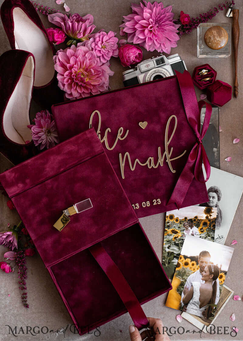 Maroon Velvet Bundle Wedding Keepsake Set- Burgundy Velvet Guestbook & sign, Fall Masrala Golden Photobox for pictures-22