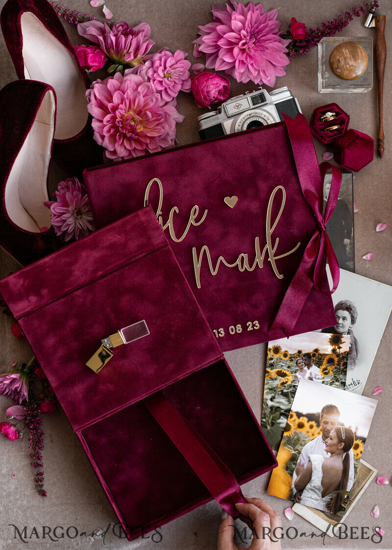 Maroon Velvet Bundle Wedding Keepsake Set- Burgundy Velvet Guestbook & sign, Fall Masrala Golden Photobox for pictures-1
