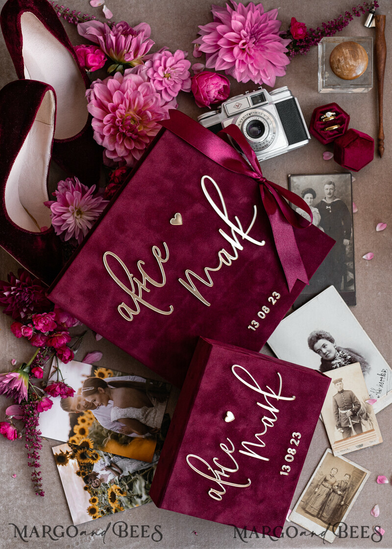 Maroon Velvet Bundle Wedding Keepsake Set- Burgundy Velvet Guestbook & sign, Fall Masrala Golden Photobox for pictures-23