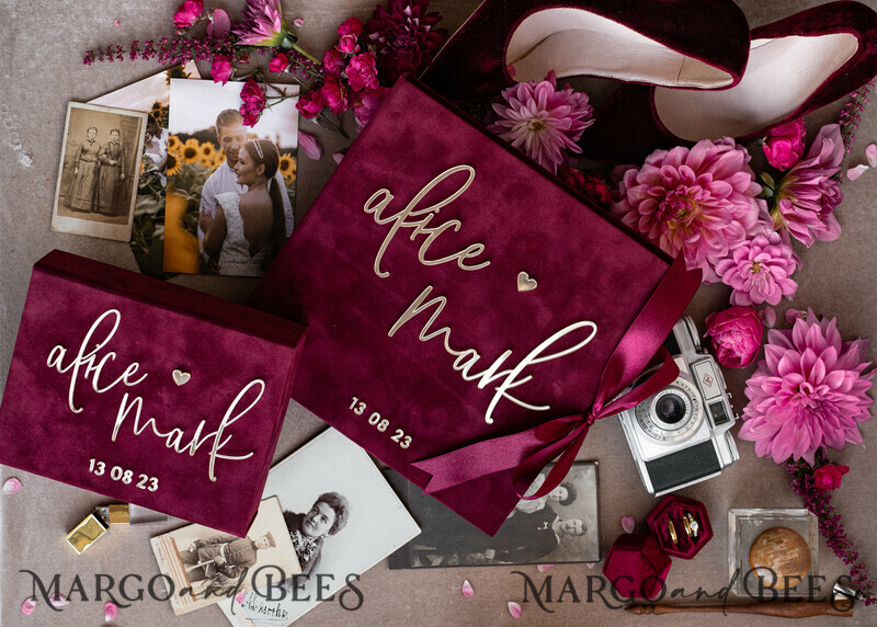 Maroon Velvet Bundle Wedding Keepsake Set- Burgundy Velvet Guestbook & sign, Fall Masrala Golden Photobox for pictures-24