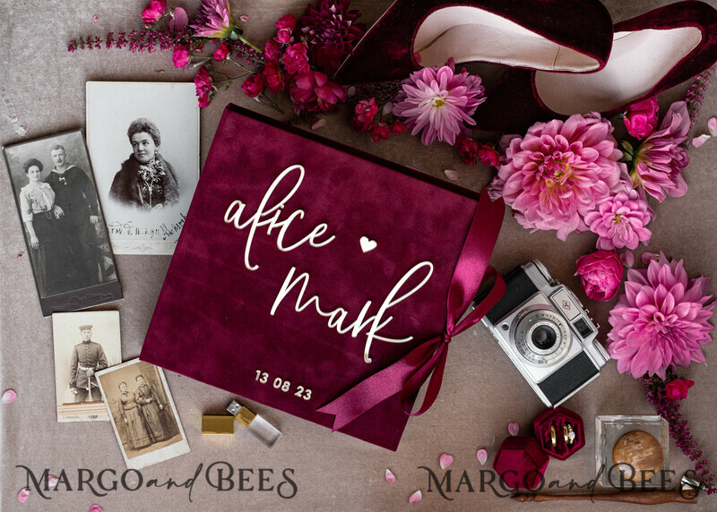 Maroon Velvet Bundle Wedding Keepsake Set- Burgundy Velvet Guestbook & sign, Fall Masrala Golden Photobox for pictures-4