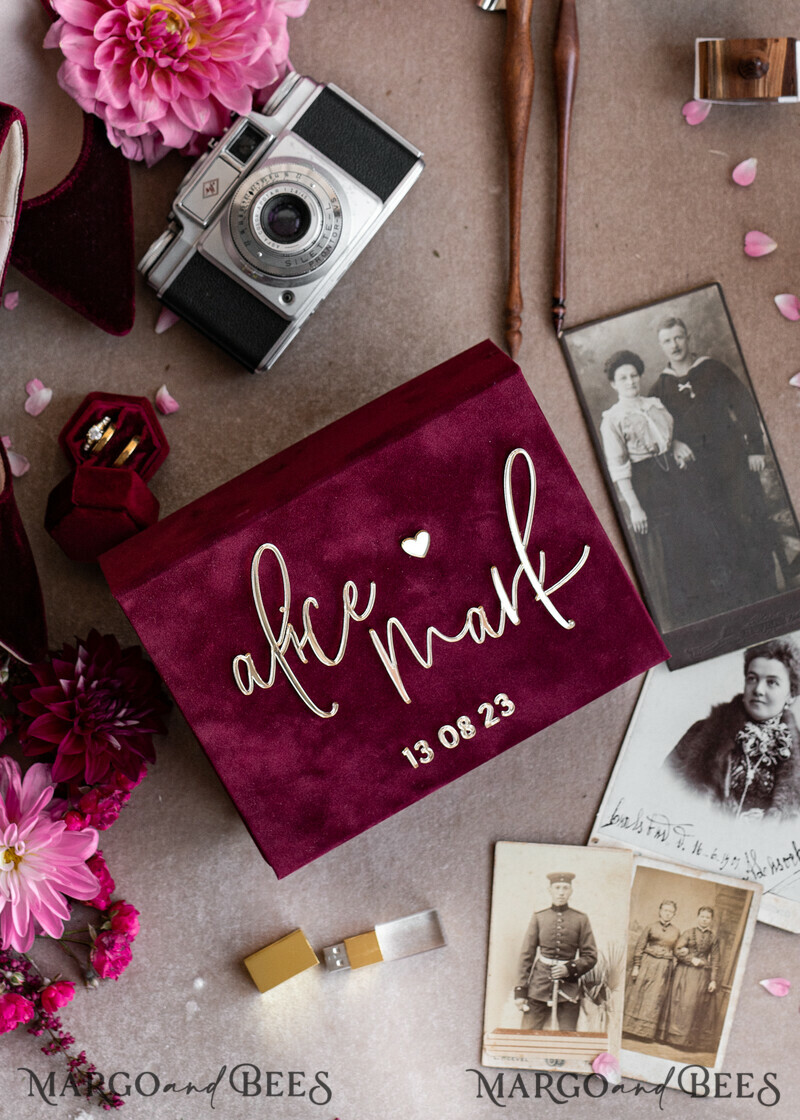 Maroon Velvet Bundle Wedding Keepsake Set- Burgundy Velvet Guestbook & sign, Fall Masrala Golden Photobox for pictures-15