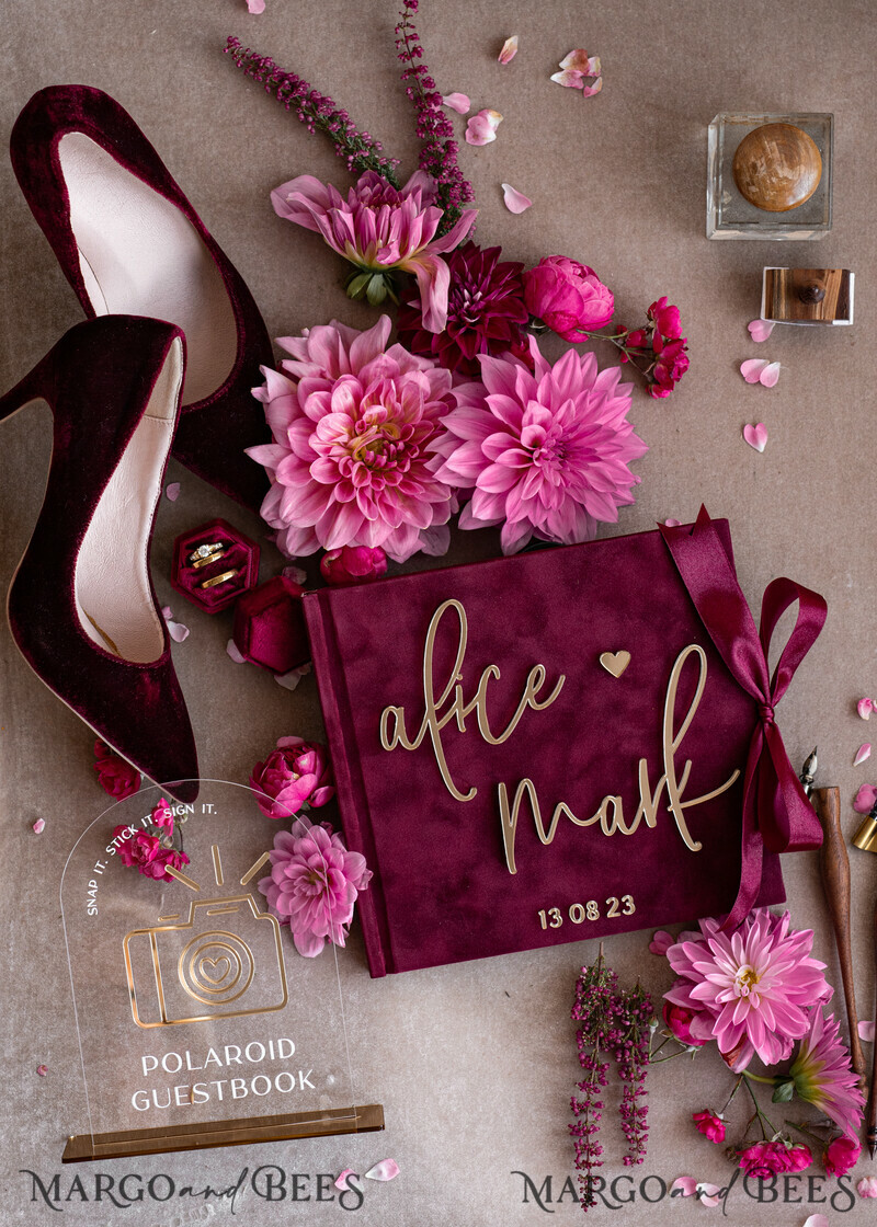 Maroon Velvet Bundle Wedding Keepsake Set- Burgundy Velvet Guestbook & sign, Fall Masrala Golden Photobox for pictures-25
