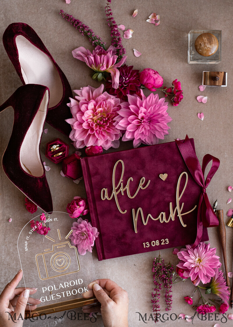 Maroon Velvet Bundle Wedding Keepsake Set- Burgundy Velvet Guestbook & sign, Fall Masrala Golden Photobox for pictures-26