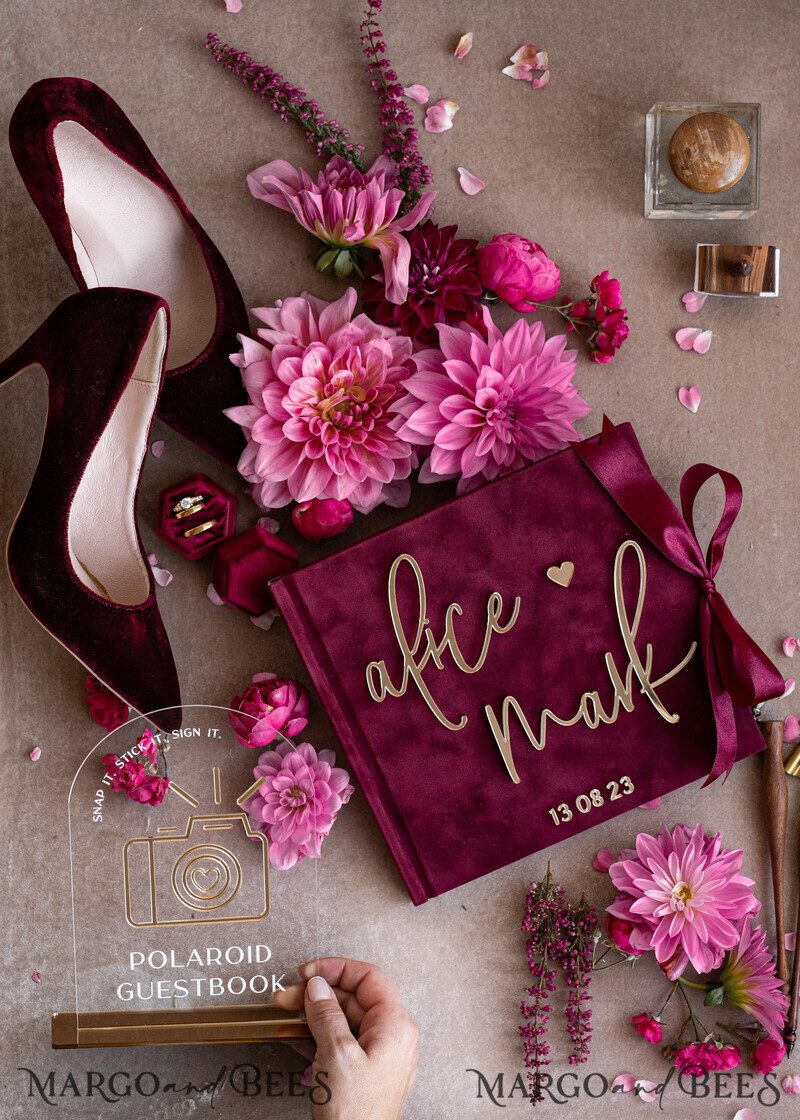 Maroon Velvet Bundle Wedding Keepsake Set- Burgundy Velvet Guestbook & sign, Fall Masrala Golden Photobox for pictures-27