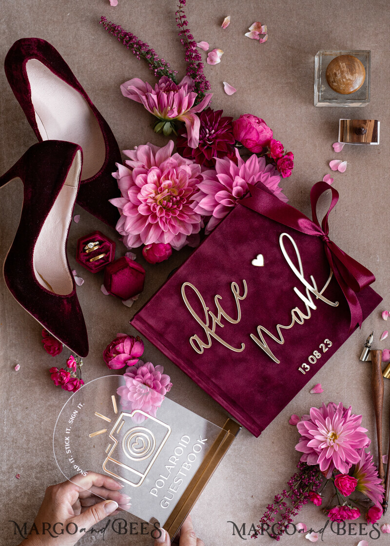 Maroon Velvet Bundle Wedding Keepsake Set- Burgundy Velvet Guestbook & sign, Fall Masrala Golden Photobox for pictures-28