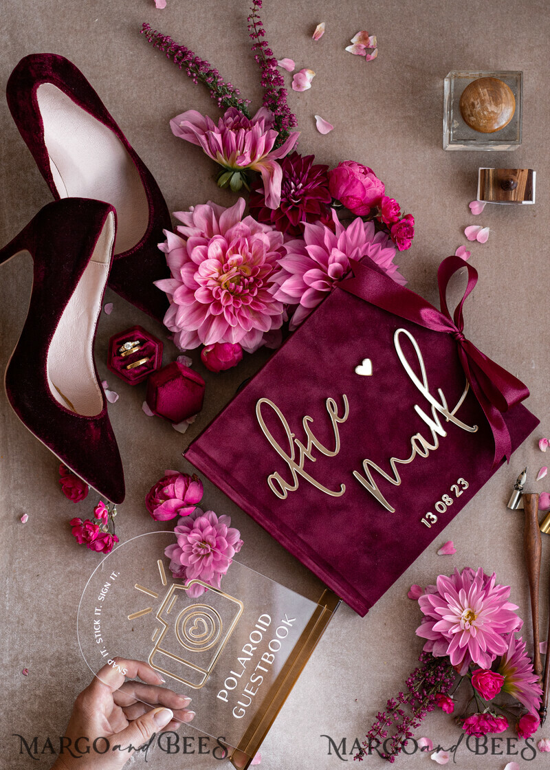 Maroon Velvet Bundle Wedding Keepsake Set- Burgundy Velvet Guestbook & sign, Fall Masrala Golden Photobox for pictures-29