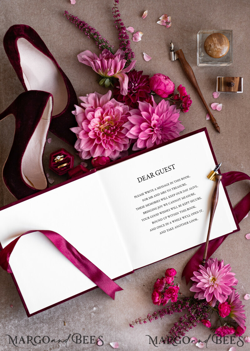 Maroon Velvet Bundle Wedding Keepsake Set- Burgundy Velvet Guestbook & sign, Fall Masrala Golden Photobox for pictures-13