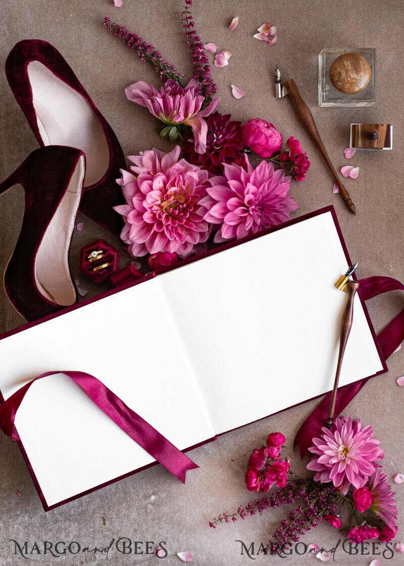 Maroon Velvet Bundle Wedding Keepsake Set- Burgundy Velvet Guestbook & sign, Fall Masrala Golden Photobox for pictures-12