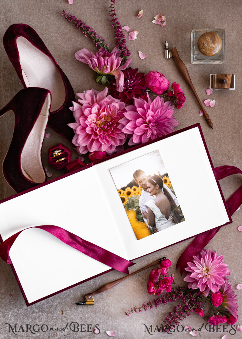 Maroon Velvet Bundle Wedding Keepsake Set- Burgundy Velvet Guestbook & sign, Fall Masrala Golden Photobox for pictures-14