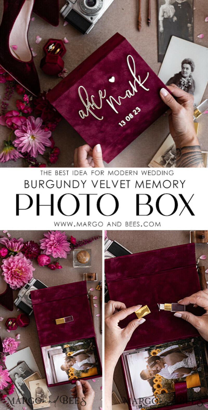 Maroon Velvet Bundle Wedding Keepsake Set- Burgundy Velvet Guestbook & sign, Fall Masrala Golden Photobox for pictures-8